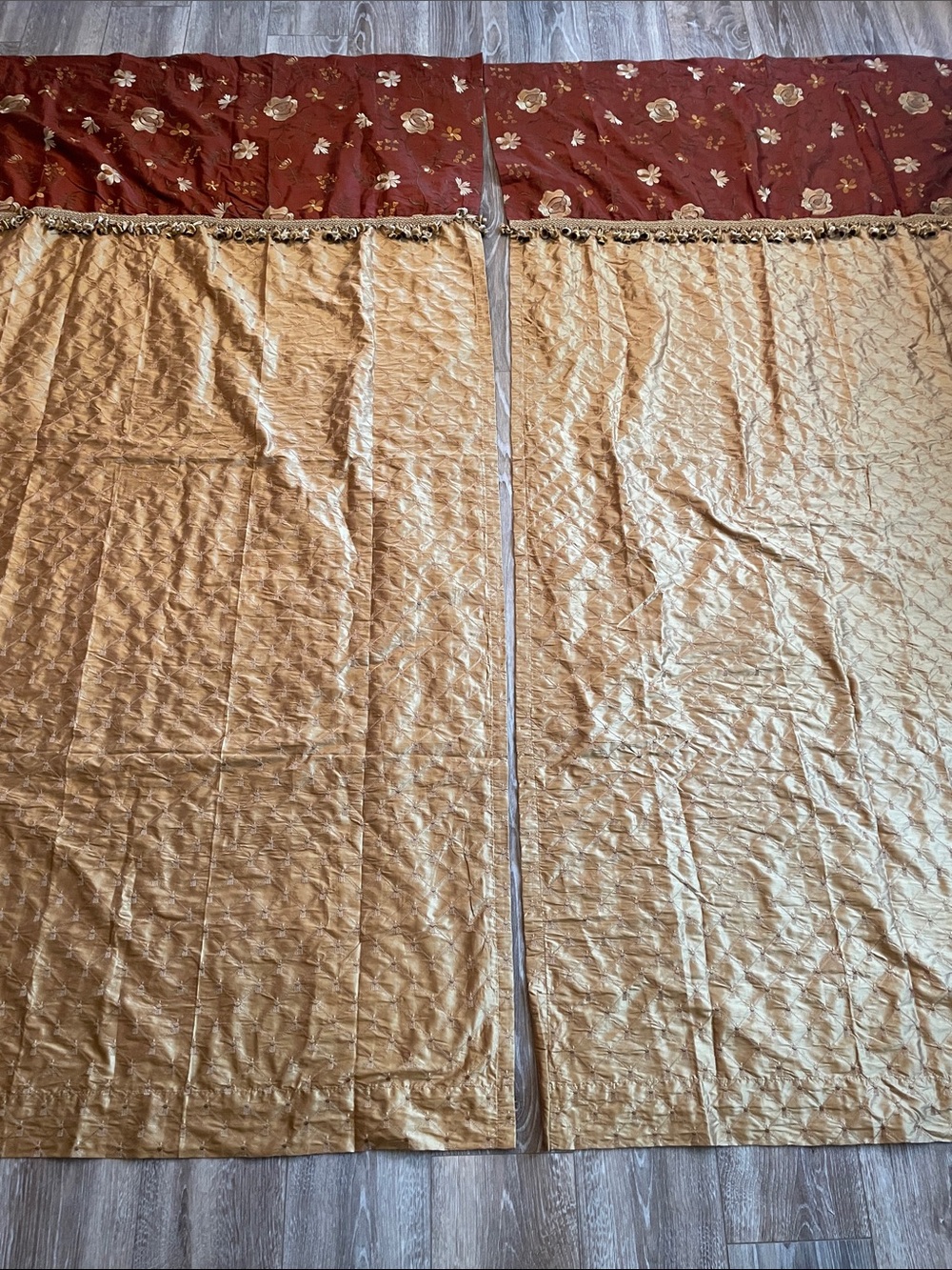 Kravet Couture Gold Silk Maroon Embroidered Floral Set(2) Tassel Drapes 83Lx40W